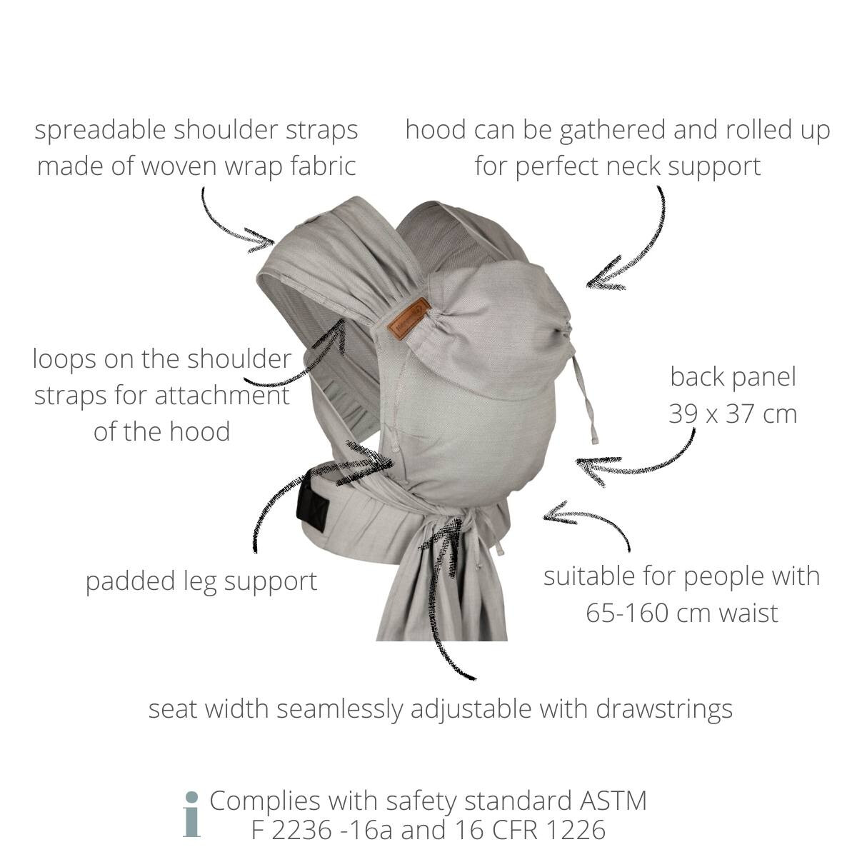 The features of the Hop-Tye Advanced baby carrier